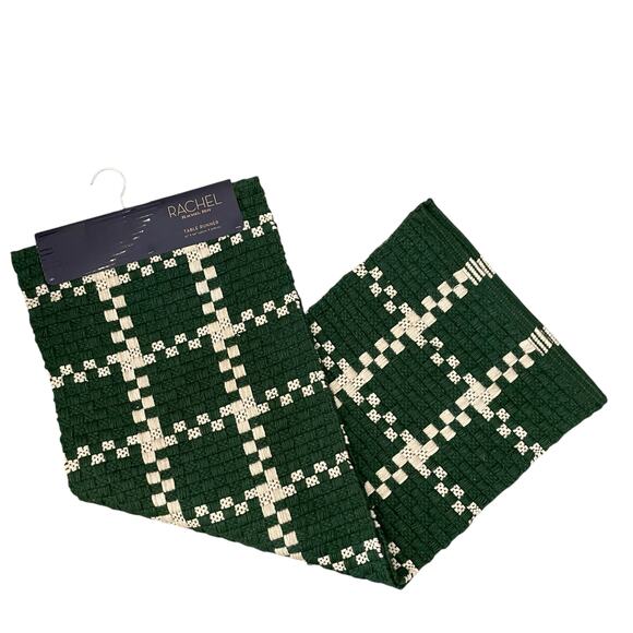 Rachel Roy Checkered Jute Table Runner 16x90 Christmas Holiday Green Cream New - Picture 1 of 12